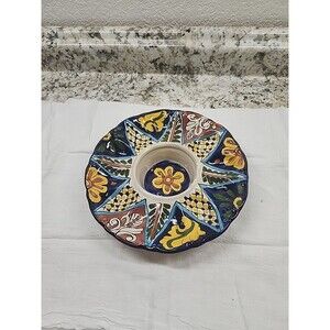 Mexican Talavera Pottery Blue Floral  8.5” Round Platter Dish